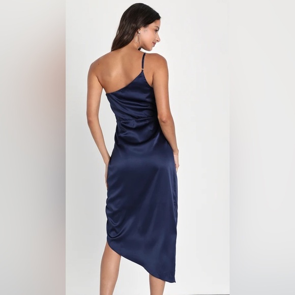 Lulus Law of Attraction Navy Blue One Shoulder Asymmetrical Midi Dress Small - Picture 2 of 5